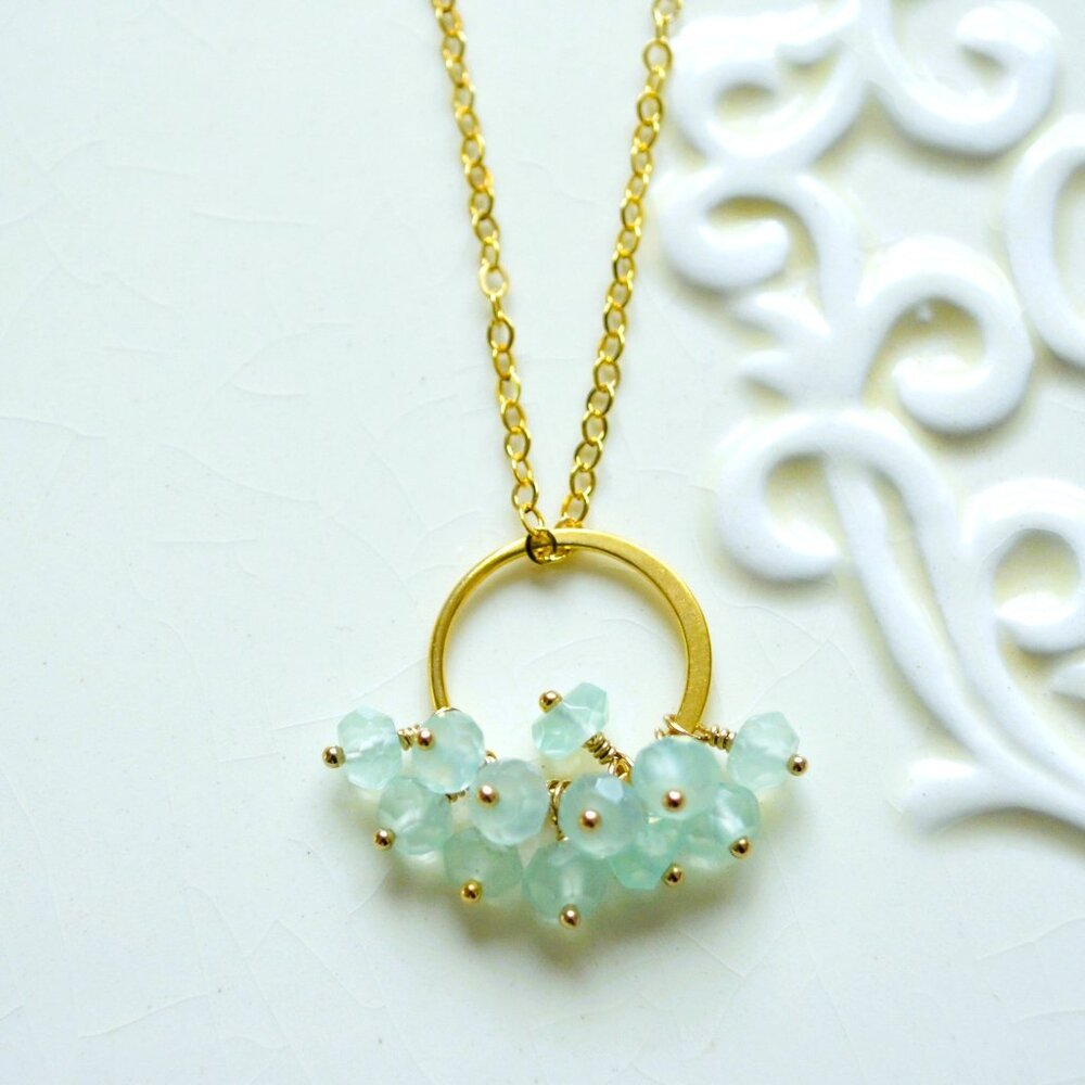 Aqua Chalcedony Gemstone Cluster Necklace in Gold